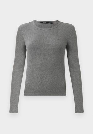Pull en maille côtelée gris à manches longues avec un col rond et une coupe ajustée. La texture semble lisse et élastique, idéale pour superposer.