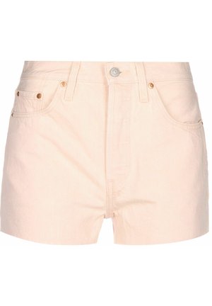 Light pink high-waist denim shorts with front button, belt loops, and metal rivet details on pockets.