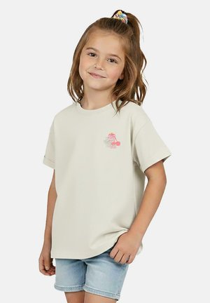 Lichtbeige T-shirt met korte mouwen en een kleine kleurrijke afbeelding op de linkerborst. Zachte katoenstof met een ontspannen pasvorm.