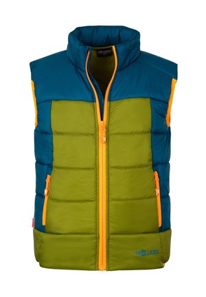 Gepolsterte Kinderweste mit blauen Schultern, grünem Körper und orangenen Reißverschlüssen vorne und an den Taschen vor weißem Hintergrund.