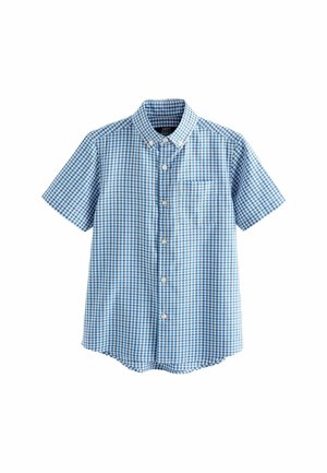 Chemise à manches courtes à carreaux bleu et blanc avec poche avant et col boutonné.