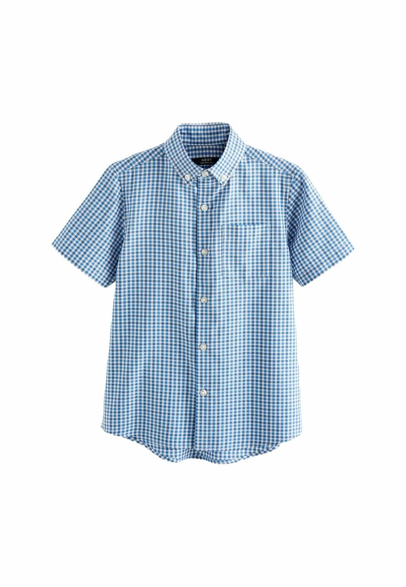 Chemise à manches courtes à carreaux bleu et blanc avec poche avant et col boutonné.