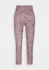 Tigréleggings i rosa, med hög midja, stretchigt tyg och varierande svarta och gröna fläckar i hela designen.