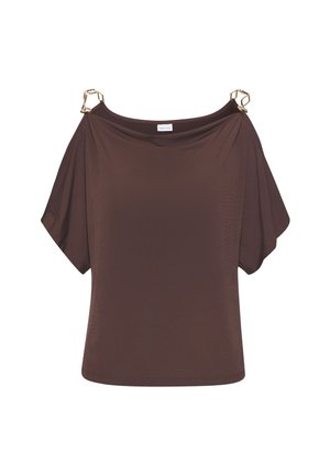 Brown short-sleeve top with a draped neckline, featuring gold-tone hardware accents on the shoulder. Smooth texture and relaxed fit.