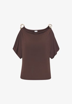 Brown short-sleeve top with a draped neckline, featuring gold-tone hardware accents on the shoulder. Smooth texture and relaxed fit.
