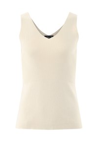 Beige geripptes ärmelloses Oberteil mit V-Ausschnitt, tailliertem Oberteil und ausgestelltem Saum. Der Stoff fühlt sich weich an und hat einen dezenten Stretch.