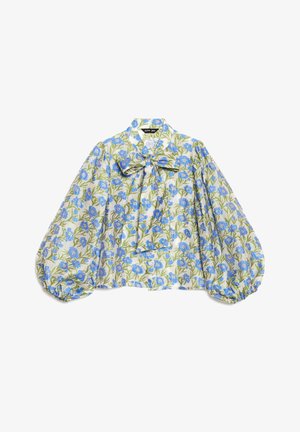 Long-sleeve blouse with puffed sleeves, tied neckline, and blue floral pattern on white fabric.