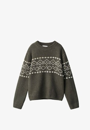 Pull en maille vert foncé avec des motifs géométriques blancs en forme de losange et de cœur sur la poitrine et les manches, poignets et ourlet côtelés.