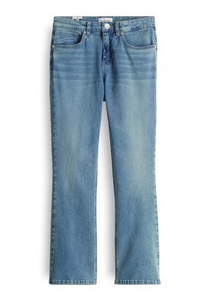 Light blue denim jeans with a straight leg design, five-pocket style, and a faded finish. Features a front button and zip closure.