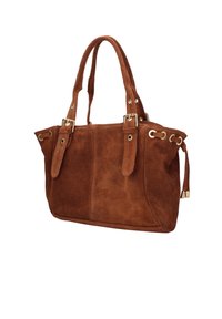 Sac à main en suède marron avec deux poignées courtes, quincaillerie dorée et accents lacés sur les côtés. Texture lisse avec une forme structurée.