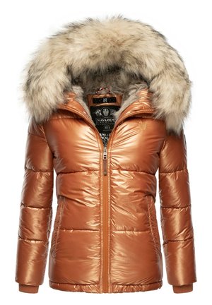 Shiny copper-orange puffer jacket with front zipper and large beige fur-trimmed hood, featuring two side pockets and stitched detailing.