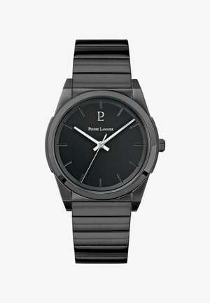 Schwarz Edelstahl Uhr mit rundem Ziffernblatt, minimalistischen Design, silberfarbenen Zeigern und einem glatten, eleganten Armband.