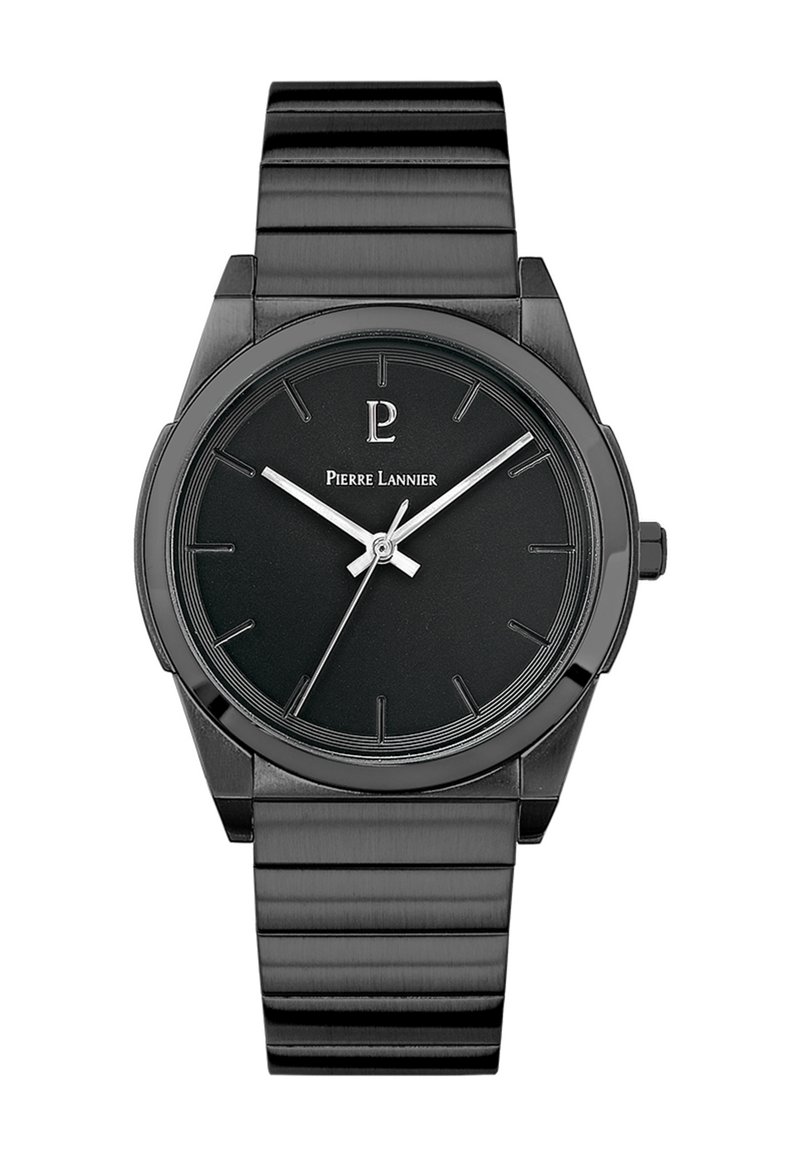 Montre en acier inoxydable noir avec un cadran rond, un design minimaliste, des aiguilles en ton argent et un bracelet lisse et élégant.