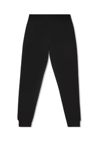 Svarta träningsbyxor med en avsmalnande design, elastiskt midjeband och mudd vid anklarna. Tillverkade av ett slätt, stretchigt material. Inga synliga mönster.