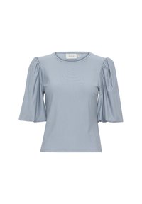 Light blue short-sleeve top made of smooth fabric; features a round neckline and puffed sleeves for added volume and texture.