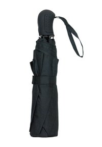 Schwarzer Falt-Regenschirm mit einem strukturierten schwarzen Gummihandgriff, gesichert mit einem Riemen, und einem glatten, kompakten Stoffdach.