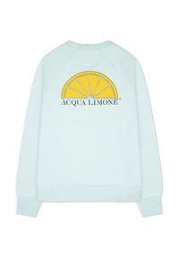 Ljusblå sweatshirt med en rygggrafik av en gul citronklyfta och texten "ACQUA LIMONE". Har raglanärmar och en mjuk textur.