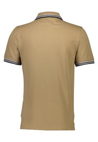 Lyhythihainen polo-paita khakivärissä, jossa on litteä neulekaulus musta-valkoisilla raidoilla ja sileä, hengittävä kankaan rakenne.