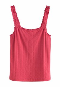Haut rose sans manches avec bretelles ornées de dentelle et texture subtile de rayures verticales sur le tissu.