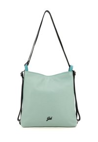 Borsa a tracolla in pelle verde menta con design morbido, tracolla regolabile nera e piccolo logo sulla parte frontale. Texture liscia senza motivi.