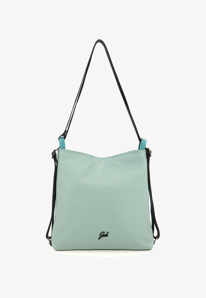 Borsa a tracolla in pelle verde menta con design morbido, tracolla regolabile nera e piccolo logo sulla parte frontale. Texture liscia senza motivi.