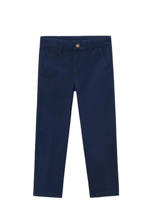 Pantaloni blu navy a gamba dritta con passanti per cintura, tasche anteriori e chiusura con bottone in vita.