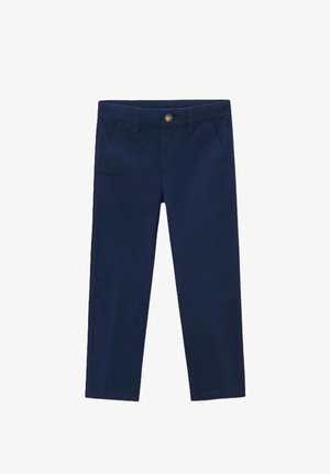Pantaloni blu navy a gamba dritta con passanti per cintura, tasche anteriori e chiusura con bottone in vita.
