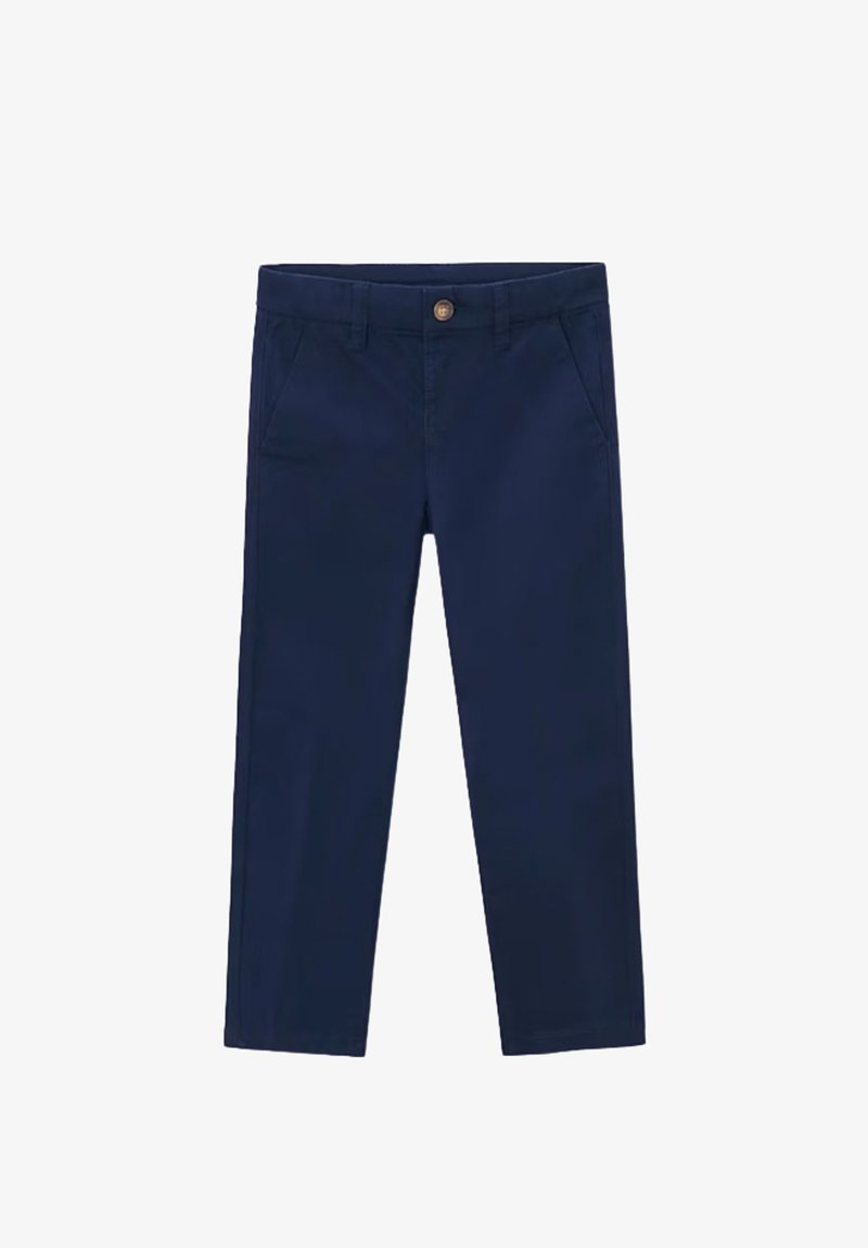 Pantaloni blu navy a gamba dritta con passanti per cintura, tasche anteriori e chiusura con bottone in vita.