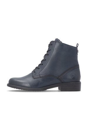 Dark blue leather ankle boot with black laces, low stacked heel, and pull tab at the back for easy wear.