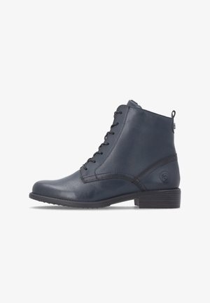 Dark blue leather ankle boot with black laces, low stacked heel, and pull tab at the back for easy wear.
