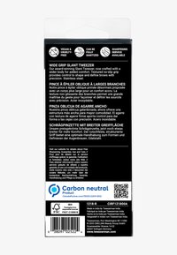 Confezione posteriore delle pinzette Wide Grip Slant che mostra i benefici del prodotto, descrizione multilingue, etichetta carbon neutral, logo FSC e codice a barre.