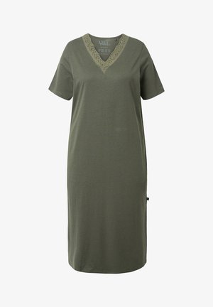 Olijfgroen katoenen jurk met een V-hals, korte mouwen en een kanten rand om de halslijn. Eenvoudige rechte snit en knielange jurk.