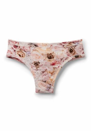 Damen-Bikini-Unterwäsche mit einem weichen pastellfarbenen Blumenmuster, das Rosen in Rosa-, Beige- und Cremetönen zeigt.