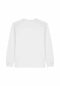 Maglietta a maniche lunghe bianca in cotone. Presenta una scollatura rotonda e una texture semplice e liscia. Nessun design o motivo visibile.