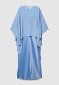 Light blue satin wide-leg pants paired with a matching sheer cape top featuring a keyhole neckline and flowing sleeves.