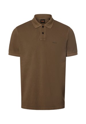 Braunes Poloshirt mit kurzen Ärmeln, Kragen und zwei schwarzen Knöpfen, mit kleinem Ton-in-Ton-Logo auf der linken Brustseite.