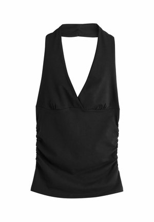 Zwarte mouwloze haltertop met diepe V-hals en geplooide zijkanten, ontworpen voor een getailleerde taille en open rug.