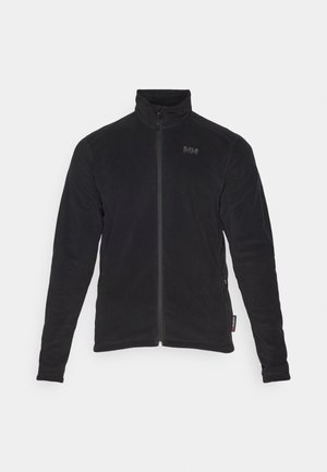 Schwarze Fleecejacke mit hohem Kragen, durchgehendem Reißverschluss und seitlichen Taschen. Verfügt über ein dezentes Logo auf der Brust und ein strukturiertes Material.