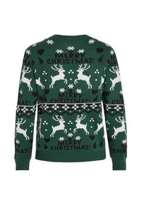 Grüner gestrickter Pullover mit weißen Rentieren, dem Text "FROHE WEIHNACHTEN!", Schneeflocken und Herzen in einem festlichen Muster. Rundhalsausschnitt, gerippte Bündchen.