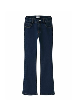 Jean en denim bleu foncé avec une légère évasement en bas, bouton et zip à l’avant, et design à cinq poches.