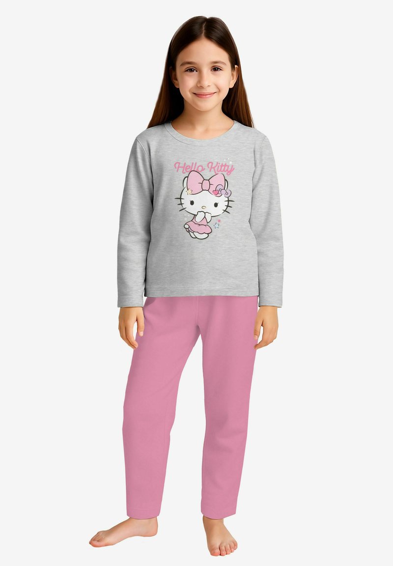 Maglietta grigia a maniche lunghe con grafica di Hello Kitty; pantaloni da pigiama rosa. Tessuto morbido, vestibilità rilassata, lunghezza alla caviglia, design leggero.