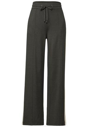 Pantaloni sportivi larghi grigi scuri con cintura elasticizzata e coulisse. Presentano pannelli laterali di una tonalità più chiara. Tessuto morbido e liscio.