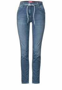 Pantalons jogger en denim bleu foncé avec une taille à cordon, des poignets élastiques, des poches avant et des détails de couture subtils.