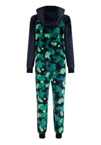 Monopatín de felpa con capucha azul marino oscuro, que presenta un vibrante patrón floral verde y acentos negros. Incluye puños acanalados y diseño de longitud completa.