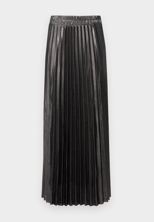 Saia maxi plissada preta com uma cintura elástica, apresentando uma superfície brilhante e texturizada, e plissados verticais ao longo do seu comprimento.