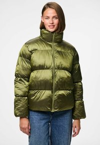 Alyvine žalios spalvos pūkuota striukė su aukštu apykakle, užtrauktuku ir ribota tekstūra. Ypač plačios siuvinėjimo sekcijos ir šiek tiek platėjantys rankovės.