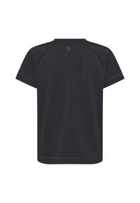 Schwarzes T-Shirt mit kurzen Ärmeln und einem kleinen Herz-Logo, das in der Mitte des oberen Rückens platziert ist, und schlichtem Design ohne weitere sichtbare Details.