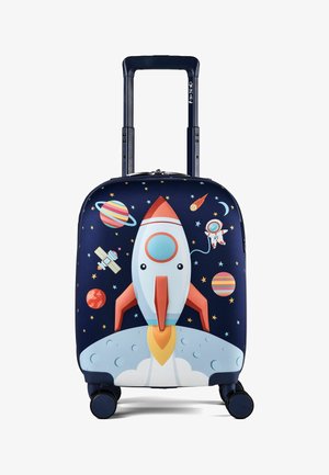 Blauer Kindertrolley mit Weltraummotiv, das auf der Vorderseite ein Raumschiff, einen Astronauten, Planeten, Sterne und den Mond zeigt, mit Teleskopgriff und Rollen.
