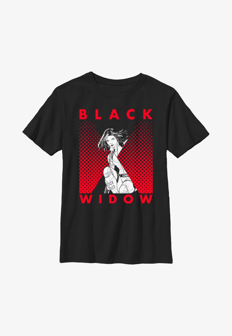 Svart bomullströja med en grafik av en karaktär i en vit outfit, med röd text "BLACK WIDOW" och ett prickmönster.
