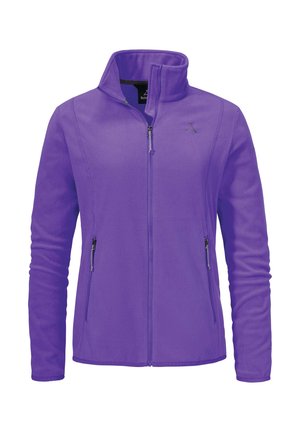 Lila Fleece-Jacke mit hohem Kragen, durchgehendem Reißverschluss und zwei seitlichen Reißverschlusstaschen. Glatte Textur mit minimalem Branding.